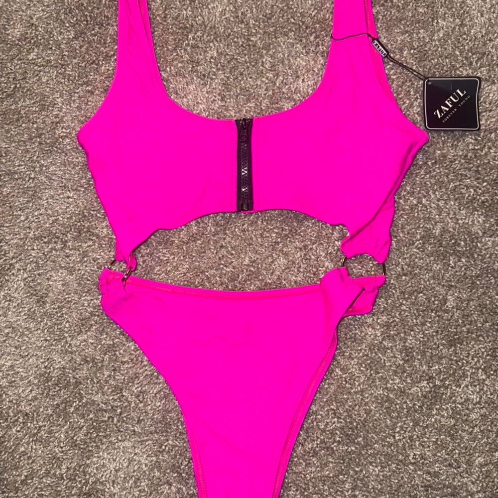 NWT - Zaful Neon Zip Cutout O-Ring High Cut Swimsuit - Size 6